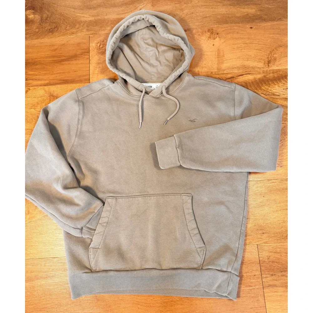 Hollister Mens Medium Tan Brown  Hoodie Embroidered Seagull‎ Logo Pullover